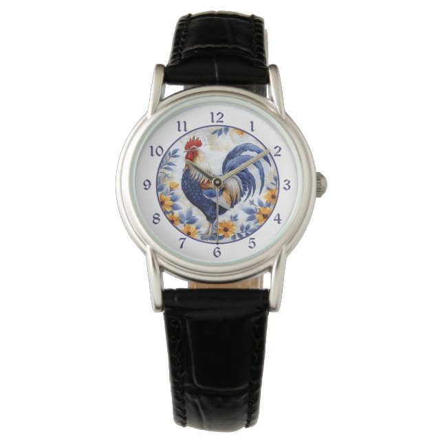 Montre Coq bleu floral or (devant)