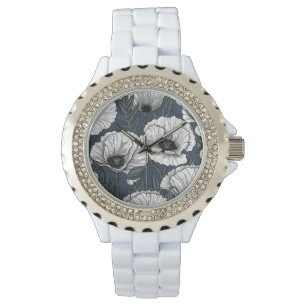 Montre Coquelicots blancs sur fond marine