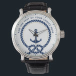 Montre Corde et Ancre nautiques modernes Texte personnali<br><div class="desc">Cette montre marine à thème marin bleu et blanc présente un design élégant d'ancre, encerclé par un motif de corde, évoquant le charme des aventures maritimes et des escapades balnéaires. La disposition épurée et minimaliste offre un espace suffisant pour ajouter votre propre texte personnalisé, ce qui en fait un accessoire...</div>