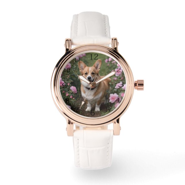 Montre Corgi Dans Les Roses Rose, (Recto)