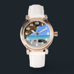 Montre Côte tropicale de plage avec un Big Rock<br><div class="desc">Une montre avec une photo nature pittoresque. Belle mer bleu turquoise avec une plage de sable fin. Une grande roche brune offre de l'ombre du ciel bleu vif.</div>