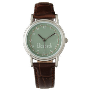 Montre Cottage rose et vert fleuri Wreath personnalisée