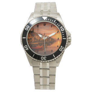 Montre Coucher De Soleil Doré Sur Le Village Côtier