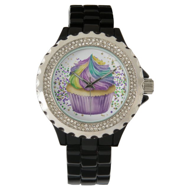 MONTRE COULEUR D'EAU VERTE PURPLE MARDI GRAS CUPCAKE (devant)