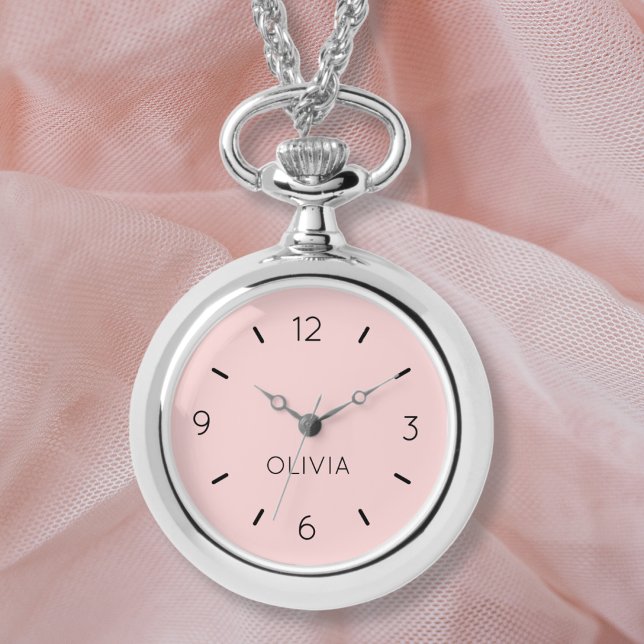 Montre Couleur solide rose pâle - Surveillance du nom per (Easily personalize this pretty blush pink necklace watch or remove the name completely. )