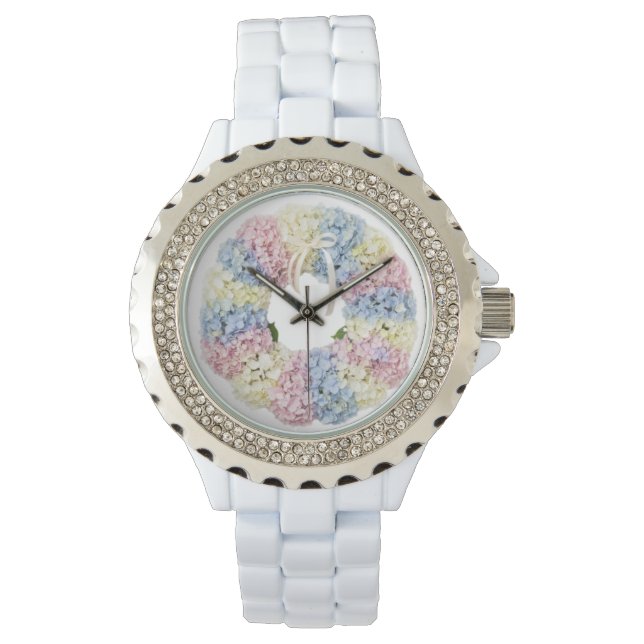 Montre Couronne de fleurs d'hortensia pastel - Monogramme (devant)