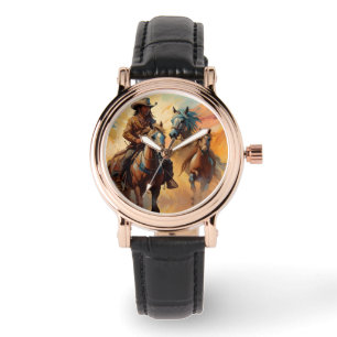 Montre Cowboy Chevaux Occidentaux bleu Tan Collage