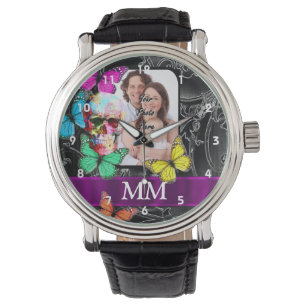Montre Crâne à sucre floral, papillons et monogramme