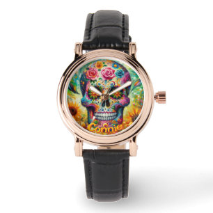 Montre Crâne à sucre Roses tournesol personnalisé