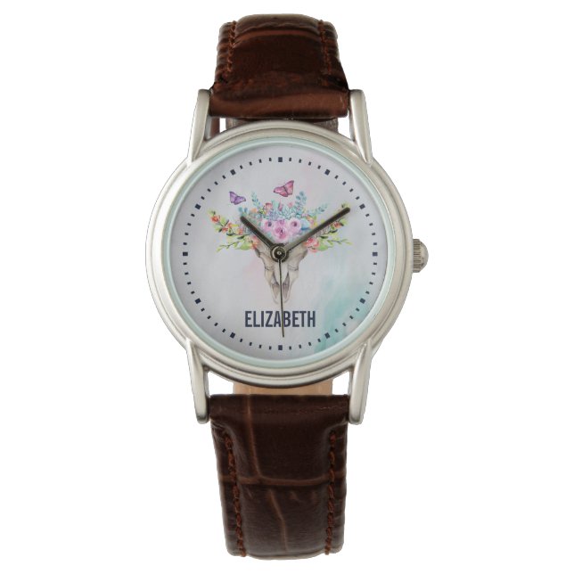 Montre Crâne animal Boho avec papillons et fleurs (devant)