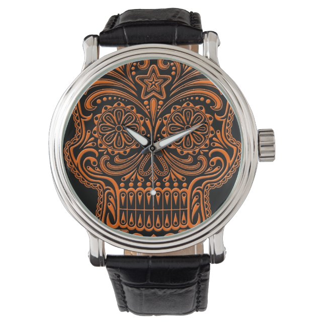 Montre Crâne de sucre orange complexe sur noir (devant)