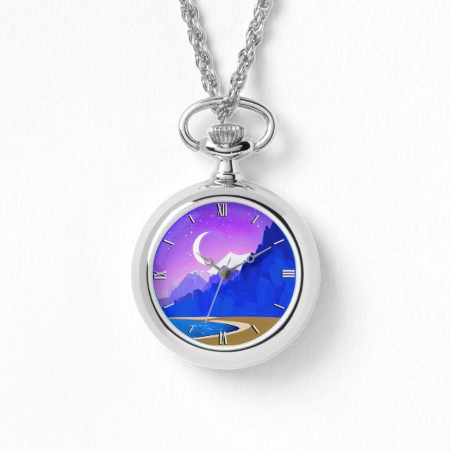 Montre Crescent Moon, Lac & Montagnes en Violet & Bleu (Recto)