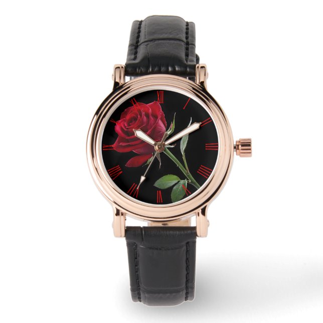 Montre Crimson sur l'ébène : La rose rouge unique, (Recto)