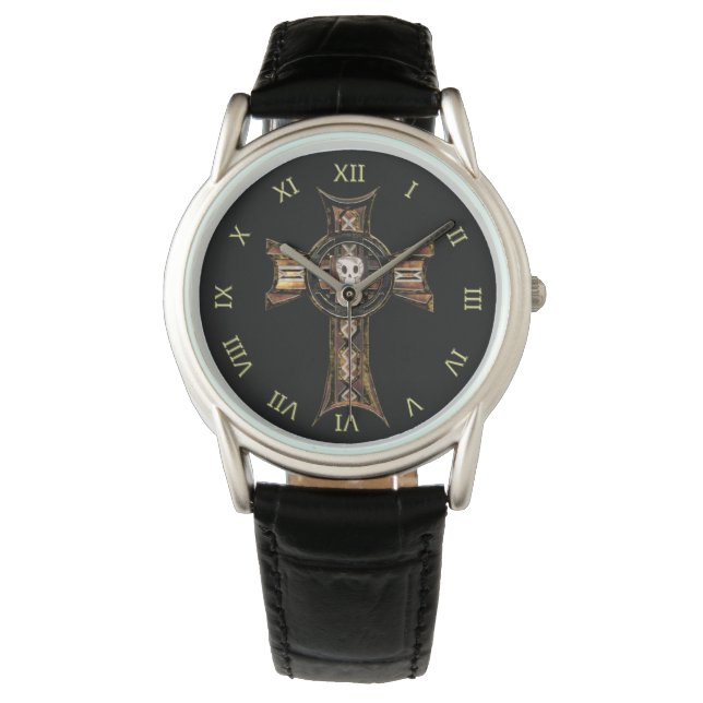 Montre Croix celtique et crâne (or) (devant)