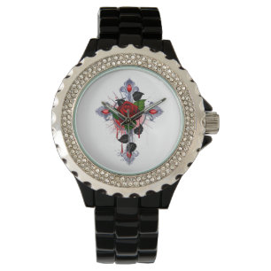 Montre Croix d'argent avec une rose rouge