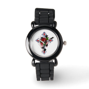 Montre Croix d'argent avec une rose rouge