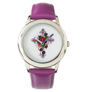 Montre Croix d'argent avec une rose rouge