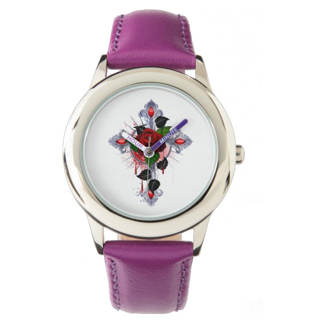 Montre Croix d'argent avec une rose rouge (devant)