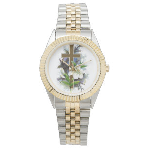 Montre Croix d'or avec fleurs blanches