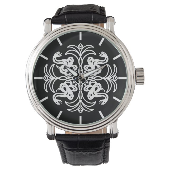Montre Crotale tribale noire et blanche Mandala (devant)