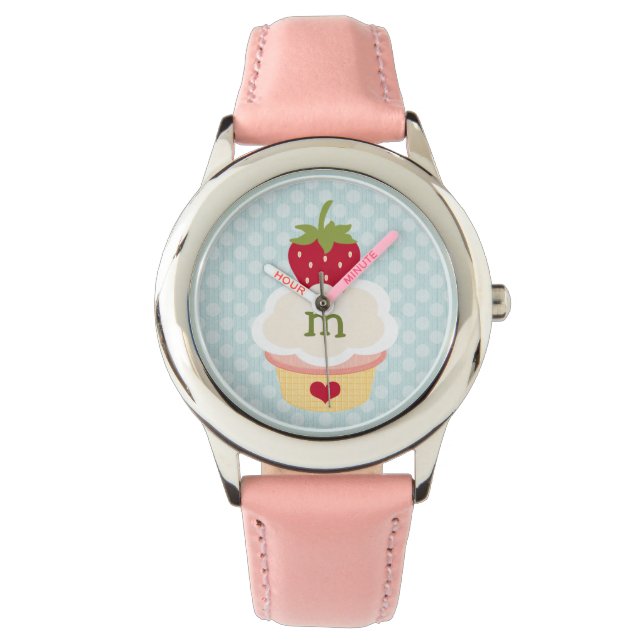 Montre Cupcake aux fraises bleues monogrammes (devant)