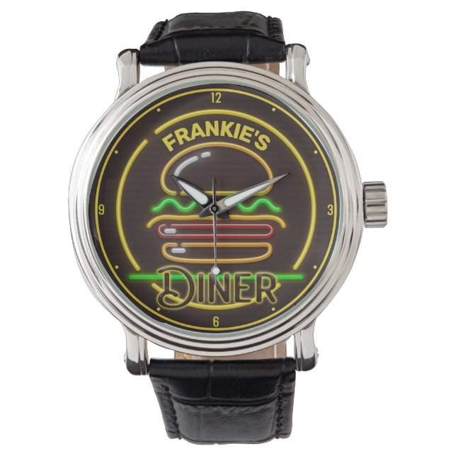 Montre Custom ADD NAME Retro Faux Neon Burger Diner (devant)