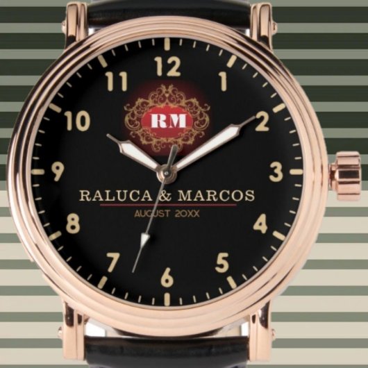 Montre Custom couple names elegant floral monogram