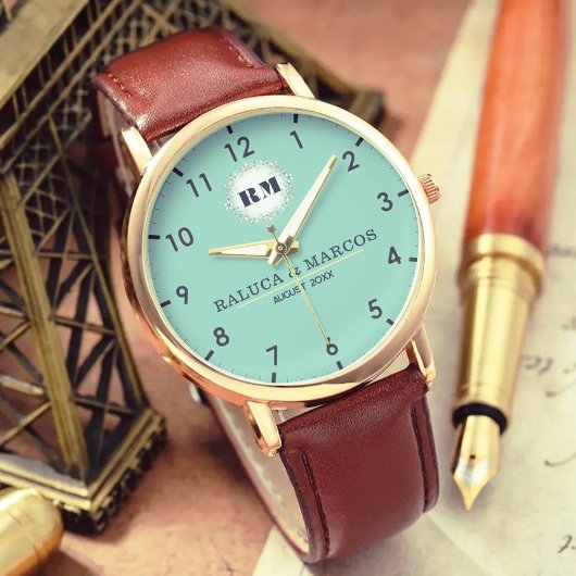 Montre Custom name engraved elegant couple blue