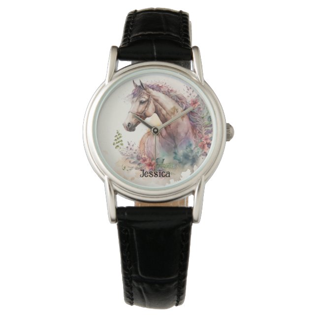 Montre Cute Amoureux des animaux de Cheval d'aquarelle (devant)