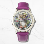 Montre Cute Aquarelle Chat Jolies Fleurs Fille<br><div class="desc">Cute Watercolor Chat Pretty Flowers Girly Watches présente un chat mignon assis dans de jolies fleurs sauvages. Créé par Evco Studio www.zazzle.com/store/evcostudio</div>