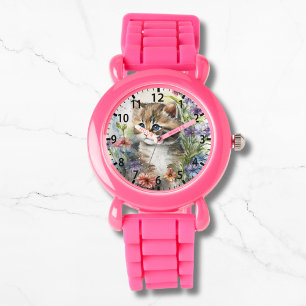 Montre Cute Aquarelle Chat Jolies Fleurs Fille