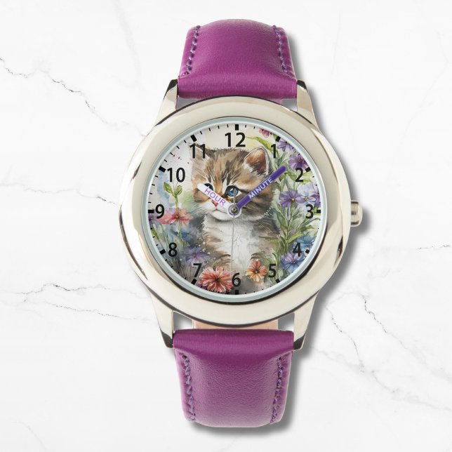 Montre Cute Aquarelle Chat Jolies Fleurs Fille (Créateur téléchargé)