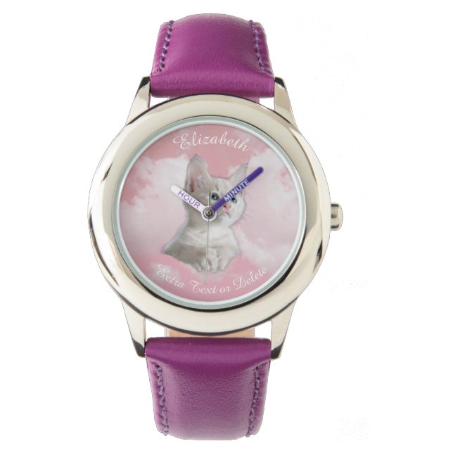 Montre Cute Blanc Kitten Pink Sky Nuages Nom, Texte suppl (devant)