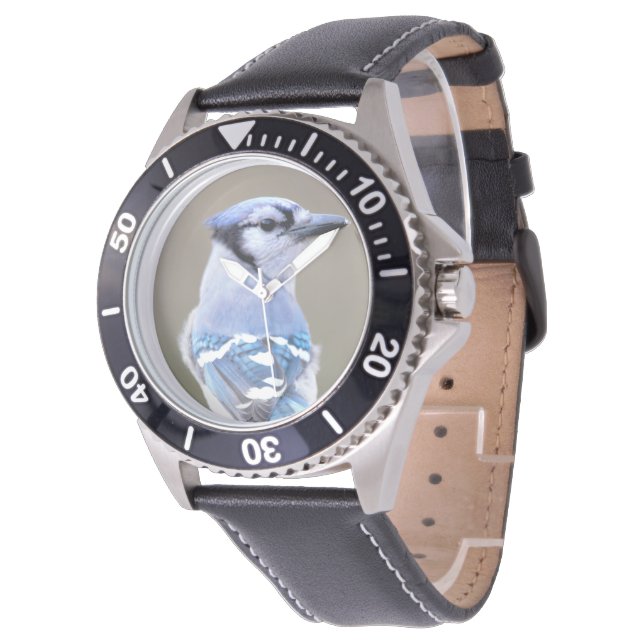 Montre Cute Bleu Jay Songbird sur Treestump (Incliné)