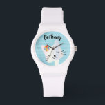 Montre Cute Chat et Fleurs Dotty Personnalisé<br><div class="desc">Doux visage de chat smiley sur pastel dotty arrière - plan.</div>