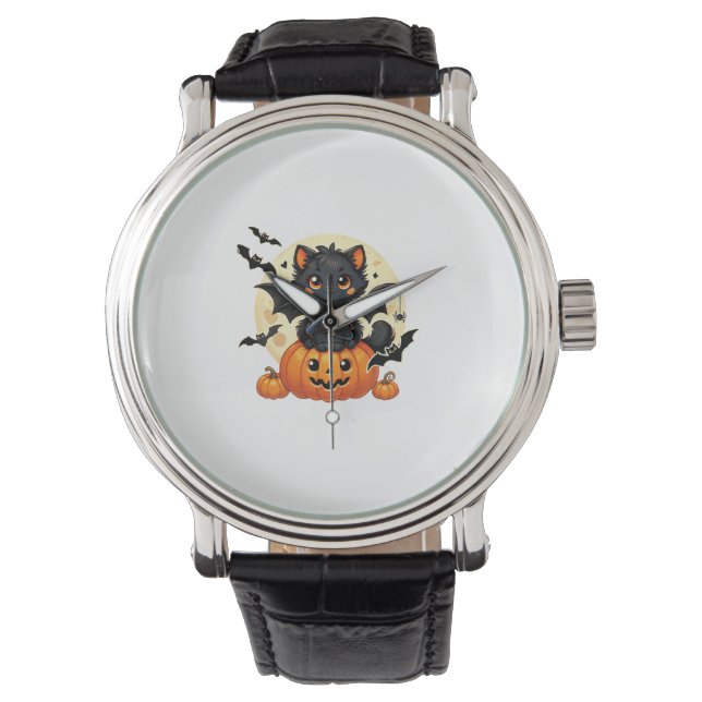 Montre Cute Chat Noir Avec Ailes De Chat Citrouille Femme (devant)