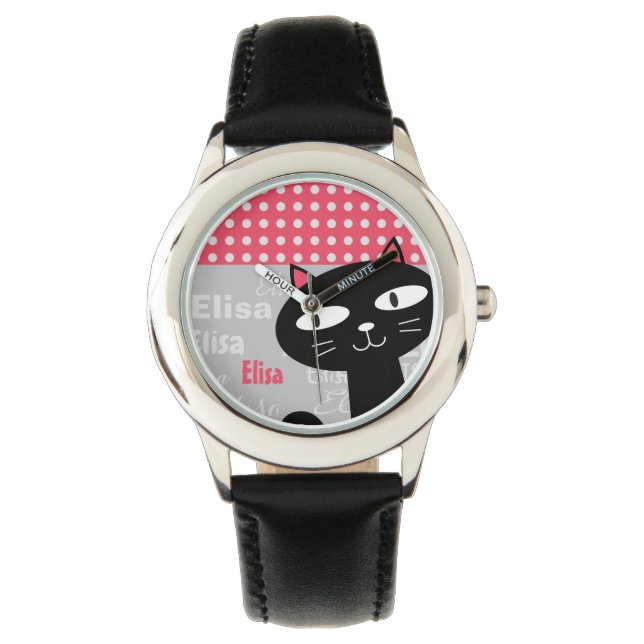 Montre Cute Chat Noir Pois Rose Ajouter Votre Nom (devant)