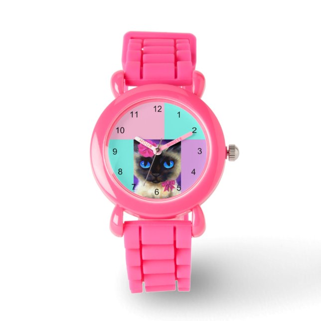 Montre Cute Chat Siamese Parties scintillant rose poignet (Recto)