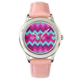 Montre Cute Chevron Coeurs rose Turquoise Ado Cadeaux