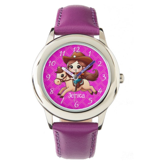 Montre Cute Cowgirl et Cheval Western Rose (devant)