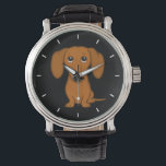 Montre Cute Dachshund | Cartoon Wiener Dog<br><div class="desc">Cette montre à poignet pour chien épluché originale est disponible dans des styles variés pour les hommes, les femmes et les enfants. Un accessoire de mode cool qui fait un grand cadeau pour les amateurs de Dachshund rouge lisse. Visitez le Doodle World de Jenn pour de nombreuses montres de races...</div>