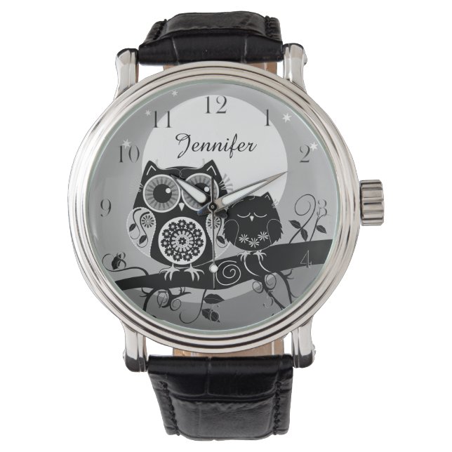 Montre Cute Flower power Owls & custom name (devant)