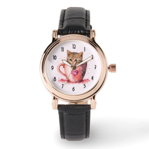 Montre Cute Kitten dans un Teacup avec les coeurs