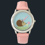 Montre Cute Little Hedgehog Personnalisé<br><div class="desc">Cette adorable montre pour enfant présente une illustration vectorielle douce d'un hérisson et de deux fleurs,  et peut être personnalisée avec le nom de votre enfant,  monogramme,  initial,  ou tout texte de votre choix pour un cadeau personnalisé parfait.</div>
