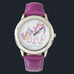 Montre Cute Magique Unicorne Personnalisée<br><div class="desc">Montre personnalisée avec une mignonne licorne magique en pastel sur arrière - plan blanc. Design sympa et amusant pour une fille qui aime les licornes et les poneys magiques. Cadeau monogrammé personnalisé.</div>