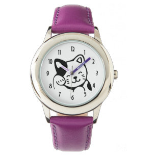Montre Cute noir et blanc Kitty Chat Waving Bonjour