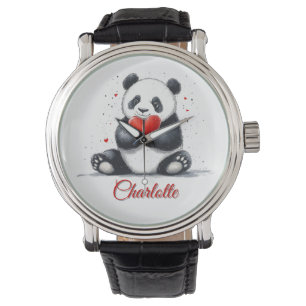 Montre Cute Panda Holding Heart avec nom personnalisable
