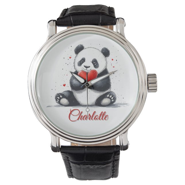 Montre Cute Panda Holding Heart avec nom personnalisable (devant)