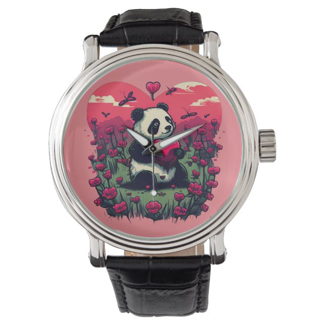 Montre Cute Panda Holding Heart - cadeau de la Saint-Vale (devant)