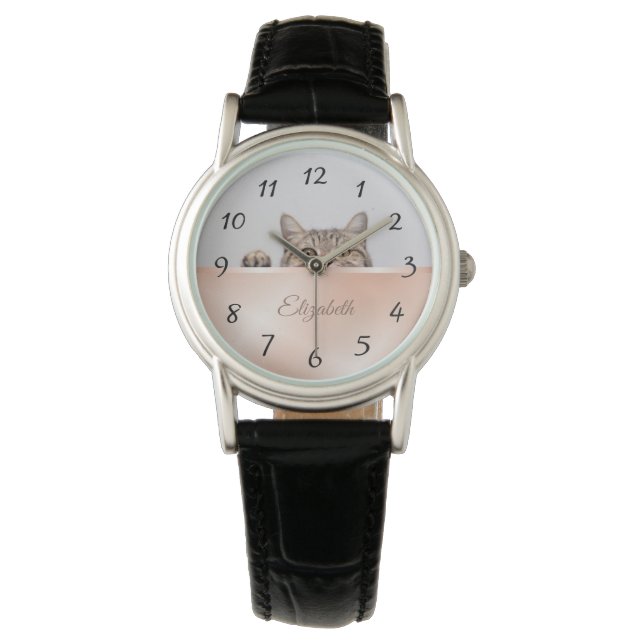 Montre Cute Peeeking Chat Rose or huile Monogramme (devant)